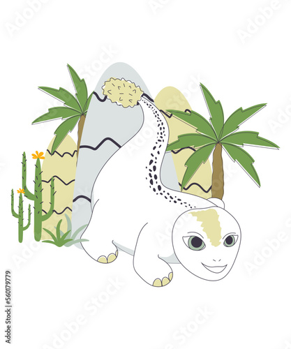 Illustration with dinosaur and decorations  cacti  palm trees  mountains  cute dinosaur