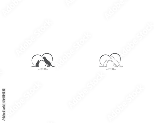 Dog cat home with heart logo design template, pet love logo design suitable for pet shop, store, cafe, business, hotel, veterinary clinic, Domestic animal vector illustration logotype, sign, symbol.