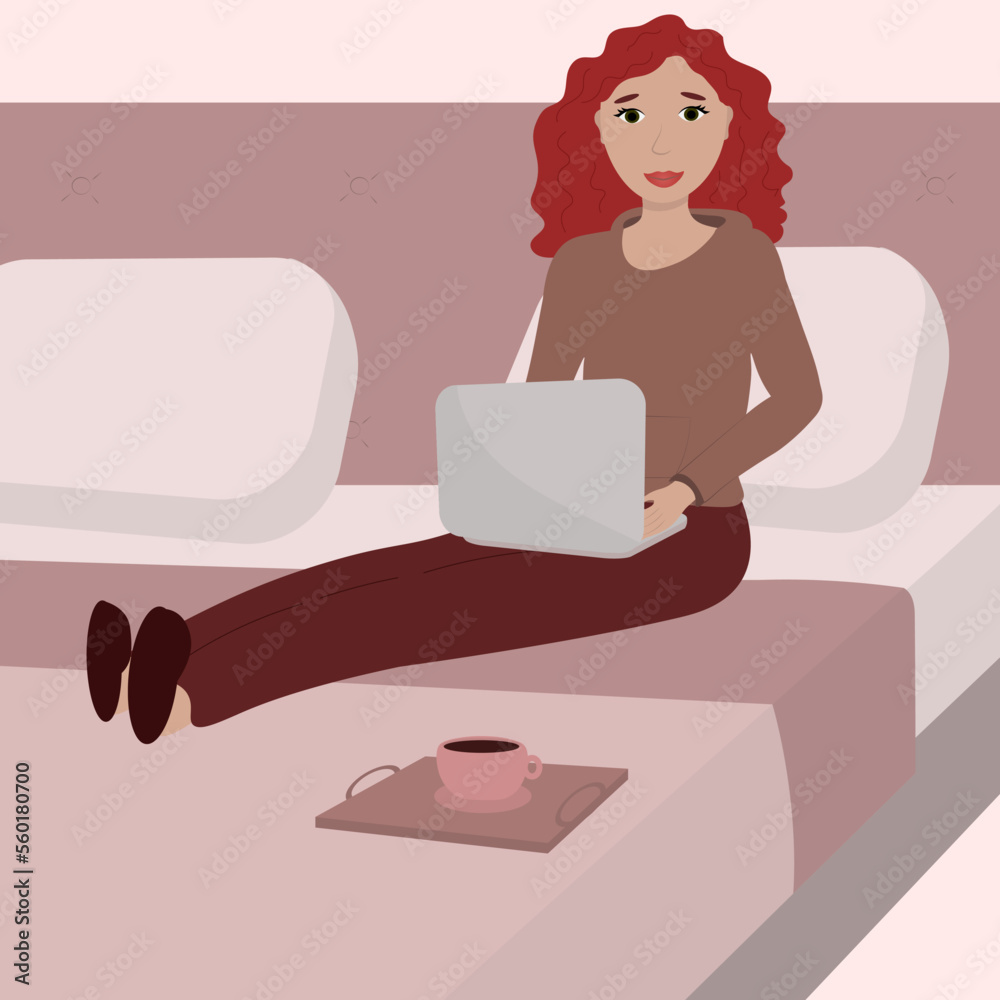 Working from home girl with laptop on the bed Working from home girl with laptop on the bed