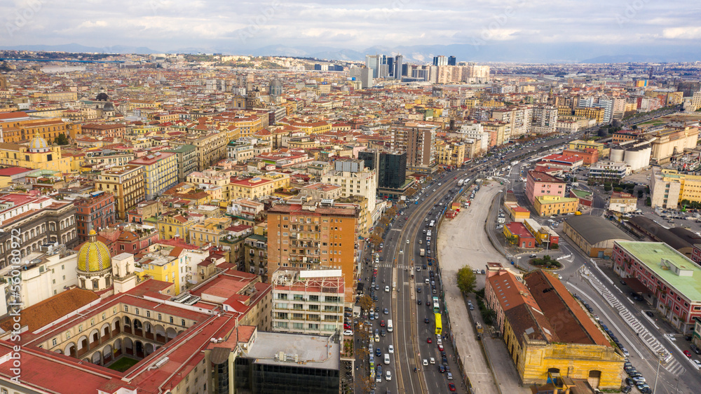 Aerial view of Marina street in Naples, Italy. This is one of the main roads in city traffic. In the background is the business center of the city. Aerial view of Marina street in Naples, Italy. This is one of the main roads in city traffic. In the background is the business center of the city.