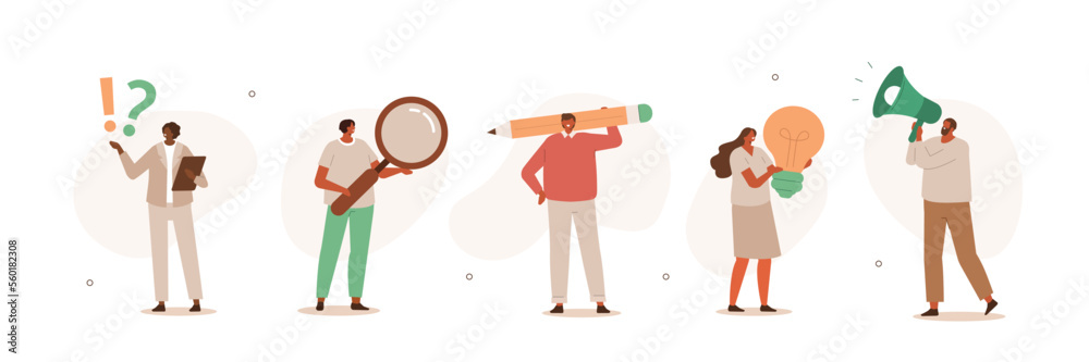 Casual people illustration set. Characters holding huge megaphone, pencil, light bulb and other objects symbolizing business ideas and activities. Marketing, Seo and FAQ concept. Vector illustration. - obrazy, fototapety, plakaty 