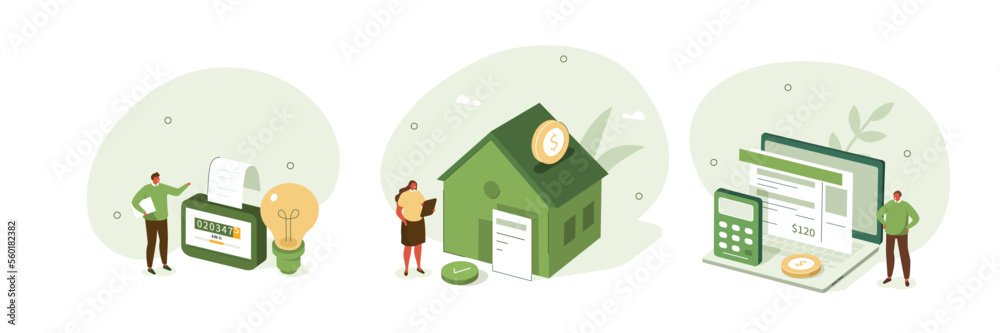 Household bills illustration set. Characters calculating electricity and other utility costs. Energy and utilities consumption at home concept. Vector illustration.
 - obrazy, fototapety, plakaty 