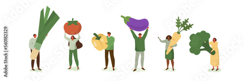Casual people illustration set. Characters carrying carrot, broccoli, onion and other fresh organic vegetables. Vegetarian eating healthy food. Balanced vegan diet concept. Vector illustration.