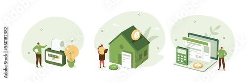 Household bills illustration set. Characters calculating electricity and other utility costs. Energy and utilities consumption at home concept. Vector illustration.

