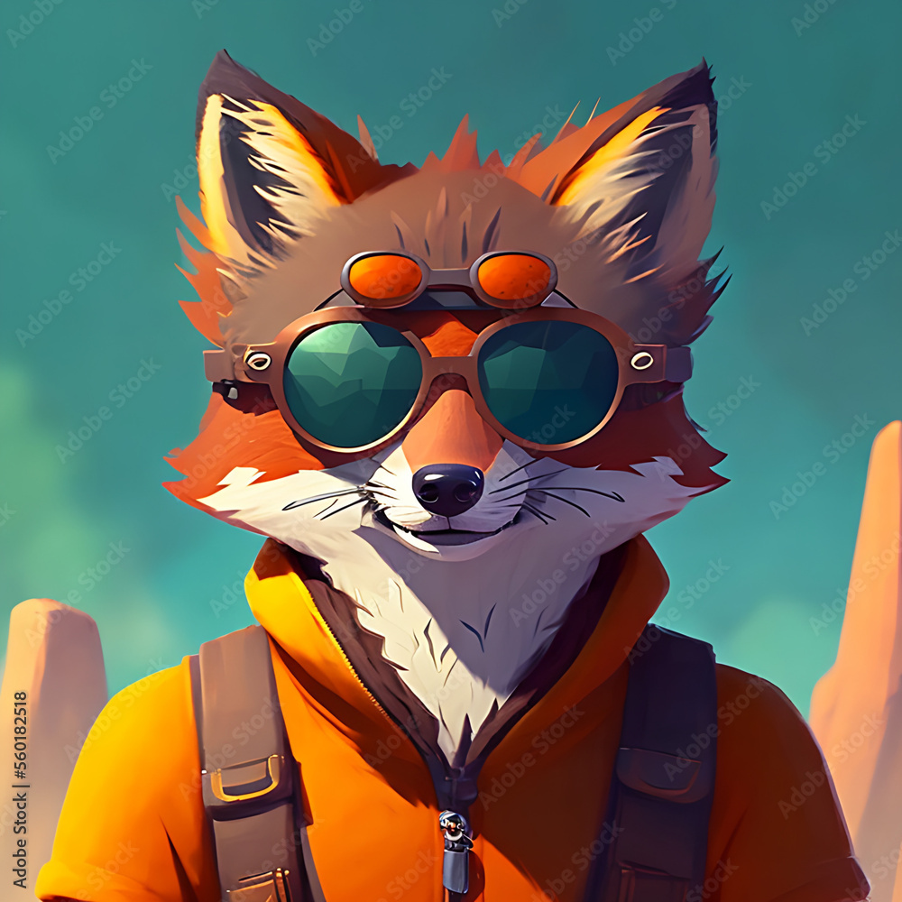 portrait of smiling red fox in wearing a cool sunglasses and jacketGenerative AI