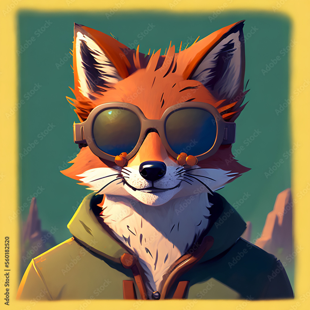 portrait of smiling red fox in wearing a cool sunglasses and jacketGenerative AI