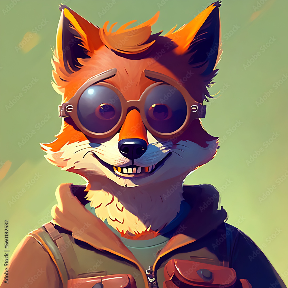 portrait of smiling red fox in wearing a cool sunglasses and jacketGenerative AI
