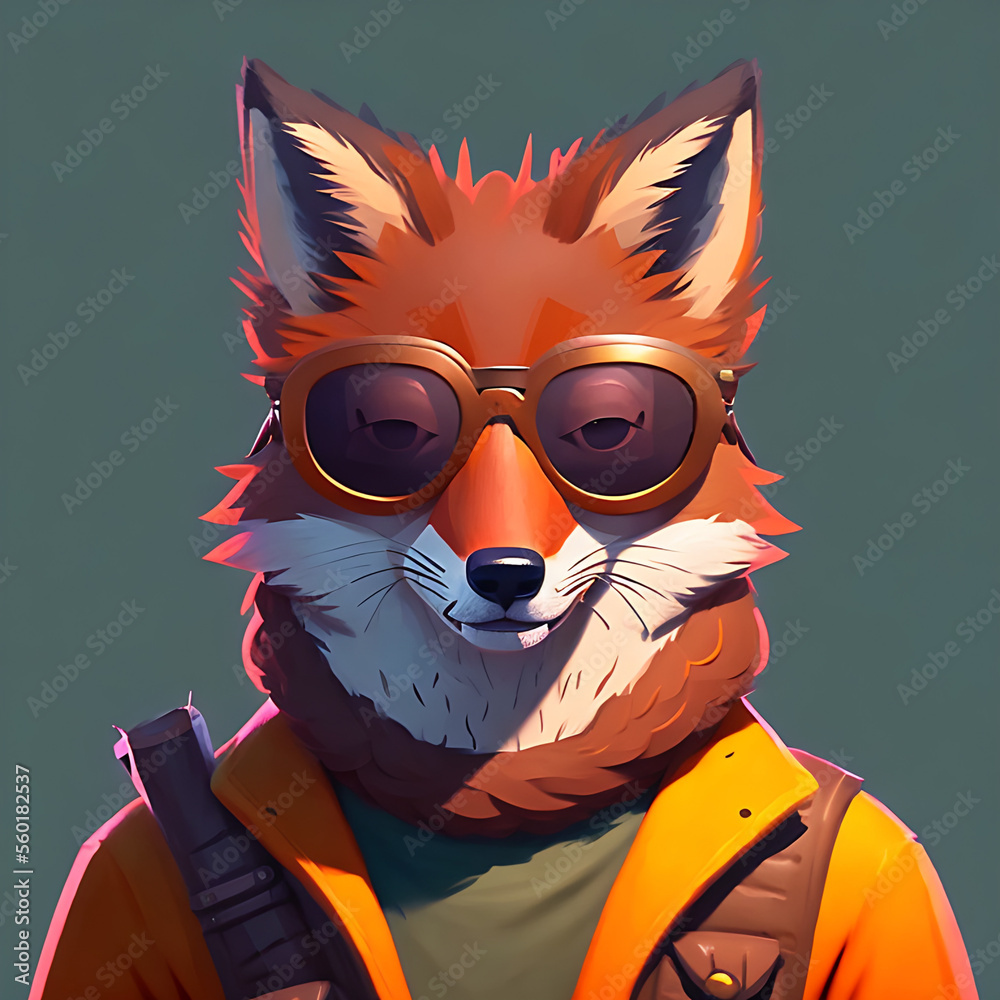 portrait of smiling red fox in wearing a cool sunglasses and jacketGenerative AI