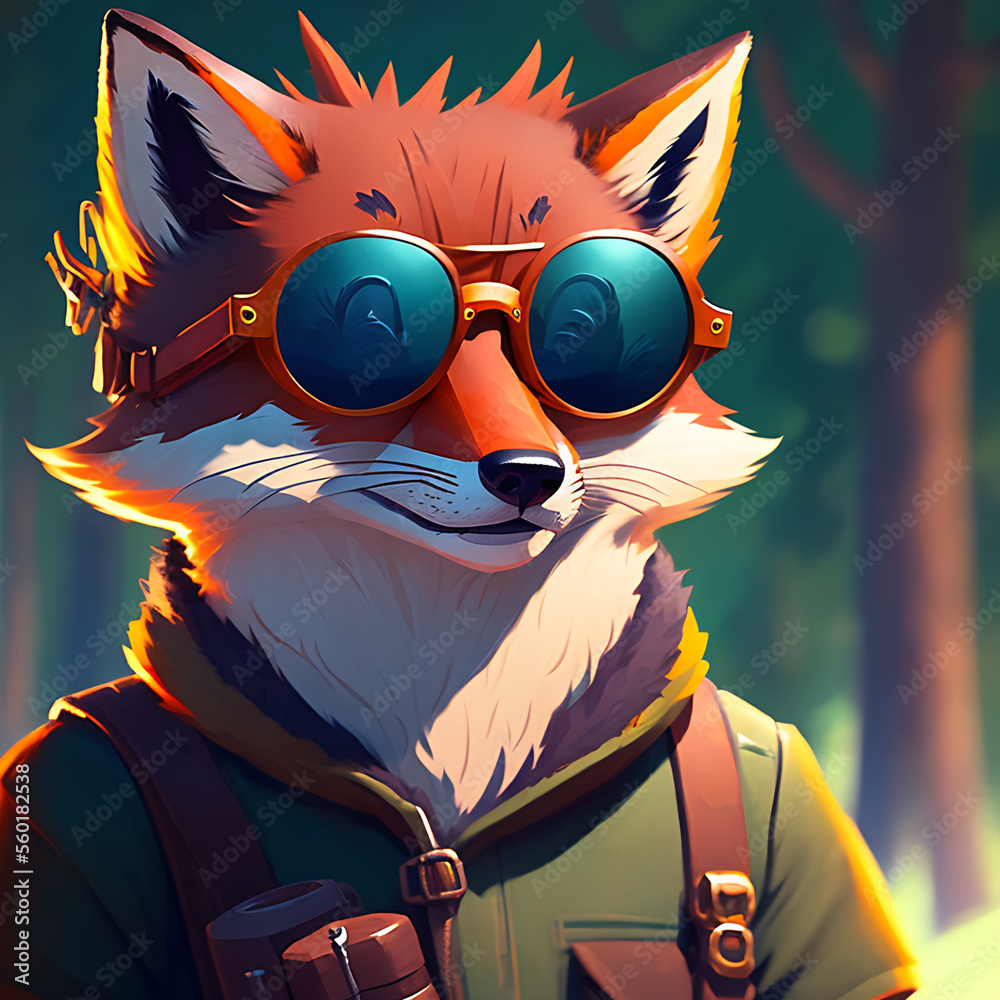 portrait of smiling red fox in wearing a cool sunglasses and jacketGenerative AI