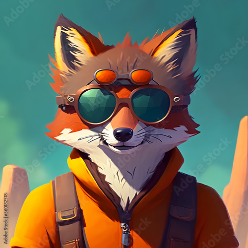 Obraz na płótnie portrait of smiling red fox in wearing a cool sunglasses and jacketGenerative AI w salonie