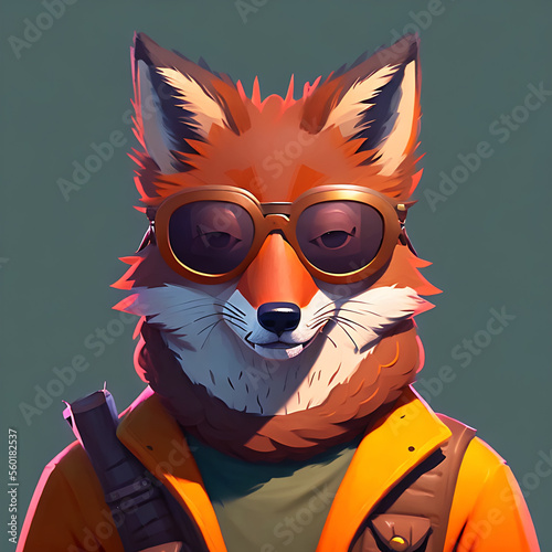 Obraz na płótnie portrait of smiling red fox in wearing a cool sunglasses and jacketGenerative AI w salonie
