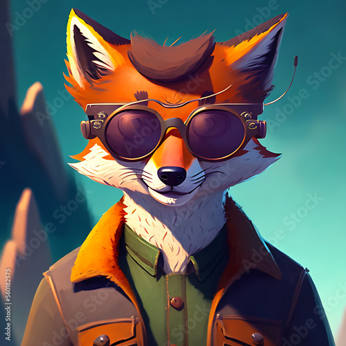 Obraz na płótnie portrait of smiling red fox in wearing a cool sunglasses and jacketGenerative AI w salonie