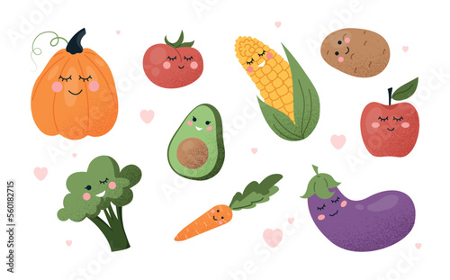 Cute vegetables set. Collection of natural and organic products. Avocado, broccoli, carrot, potato and tomato. Apple and pumpkin. Cartoon flat vector illustrations isolated on white background