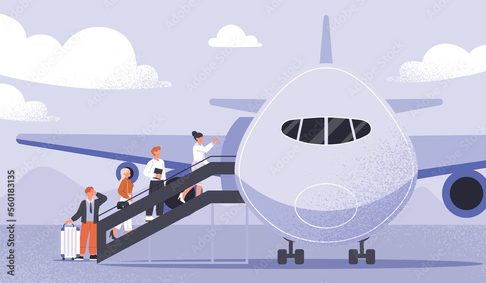 People getting on flight. Men and women with luggage enter cabin of aircraft. Travel and tourism, fast transport. Poster or banner for website. Aviation industry. Cartoon flat vector illustration
