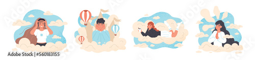 People heads in clouds set. Collection of graphic elements for website. Imagination and fantasy, dreams. Tenderness and lightness. Cartoon flat vector illustrations isolated on white background
