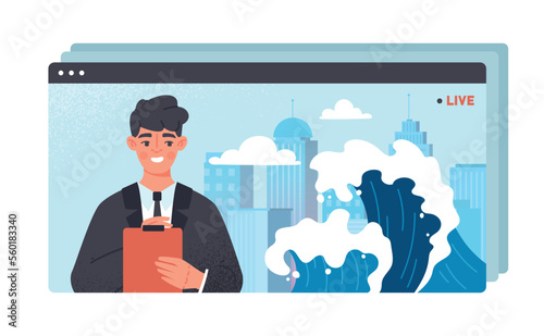 TV news studio concept. Man with notepad on background of flood. Information and knowledge. Catastrophe and natural disaster in city. Big waves and skyscrapers. Cartoon flat vector illustration