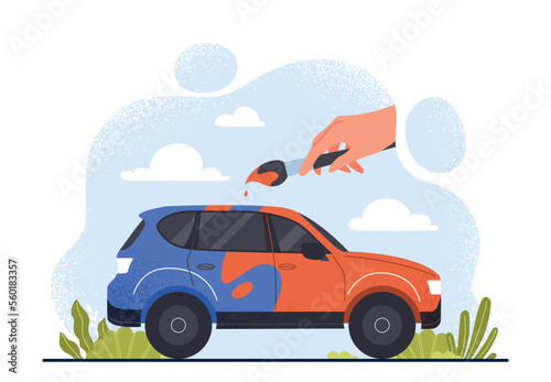Changing color of car. Large hand with brush over vehicle. Repainting from blue to red, updating, tuning and modification. Advertising poster or banner for workshop. Cartoon flat vector illustration