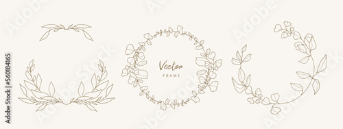 Hand drawn floral frame with branches and leaves in line art style. Wreath. Elegant logo template. Vector illustration for labels, branding business identity, wedding invitation