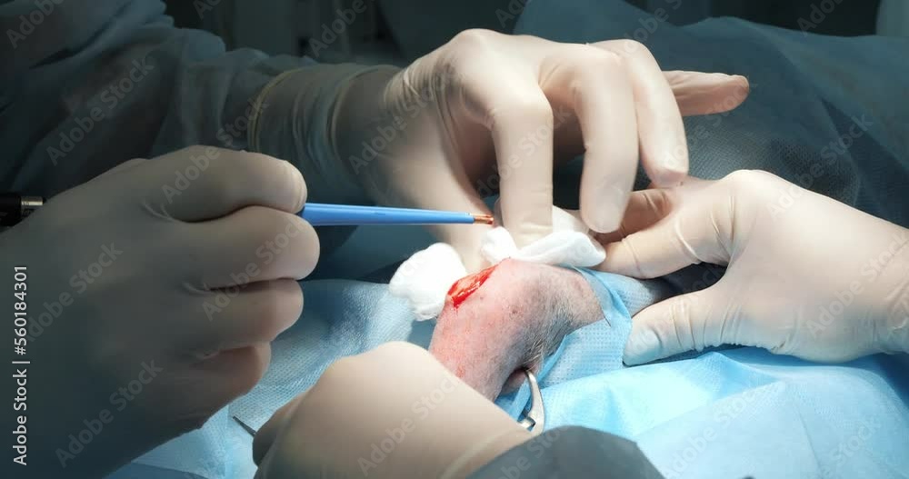 A professional veterinarian operates on a ligament in a dog's knee. In the operating room, the doctor makes an incision on the pet's knee with a torn ligament. The concept of veterinary orthopedics.