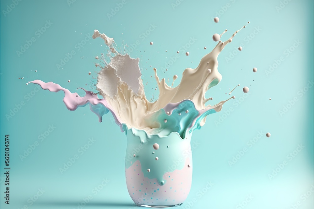 a milk splash in a glass of milk on a blue background with bubbles and ...