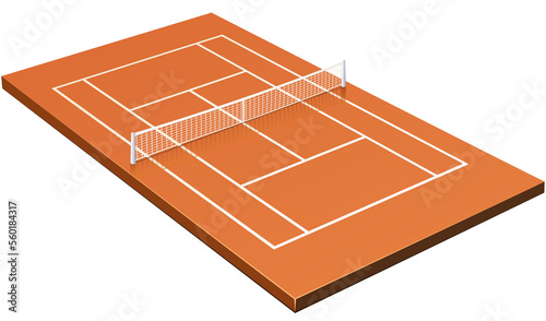 3D tennis court with its net and markings on clay (cut out)