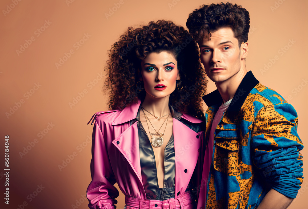 1980s vintage fashion portrait. Man and woman group with retro 80's style.  Generative ai Stock Illustration