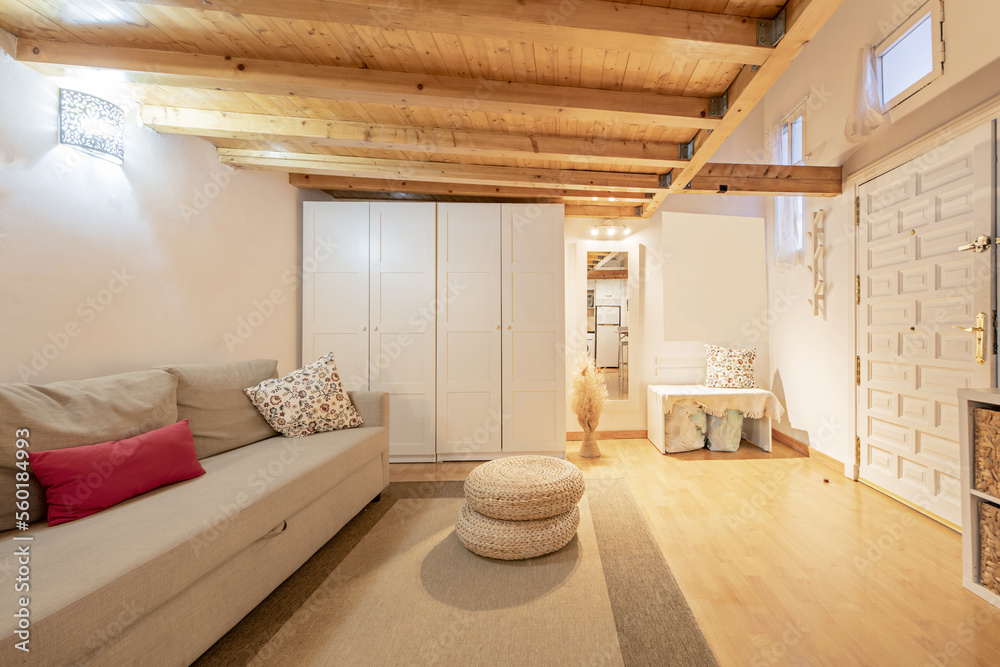 A pine wood paneled loft apartment with white furniture on the ground floor with a paneled access door and parquet floors with a beige rug