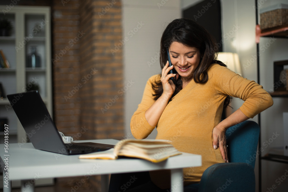 Beautiful pregnant woman working on laptop. Young businesswoman talking to the phone. Beautiful pregnant woman working on laptop. Young businesswoman talking to the phone.