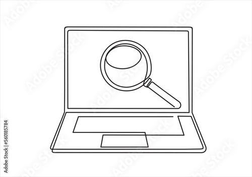 Continuous one line drawing of laptop with browser and magnifying glass. Search. Hand drawn design vector illustration.