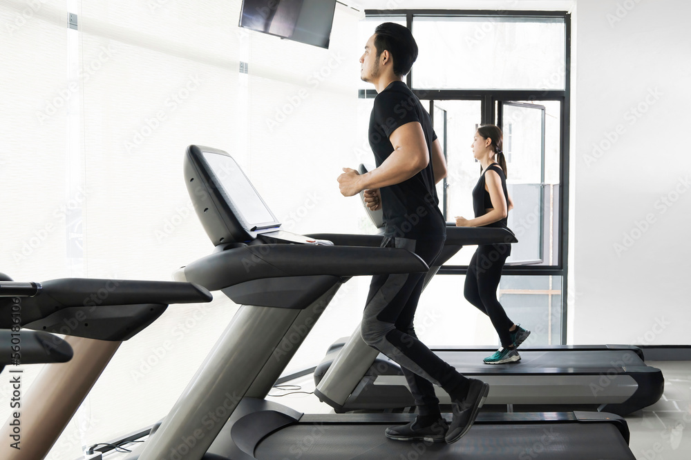 Woman running on treadmill in the gym. Group of sportive people running on treadmill in the gym. Group of athletes exercise on treadmill in the gym Woman running on treadmill in the gym. Group of sportive people running on treadmill in the gym. Group of athletes exercise on treadmill in the gym