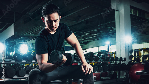Bodybuilder working out with dumbbell weights at the gym. Man bodybuilder doing exercises with dumbbell. Fitness muscular body