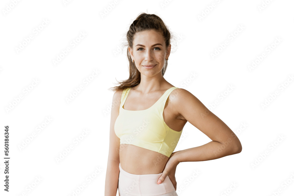 Fitness a female trainer in sports clothes looks at the camera on a transparent background. Fitness a female trainer in sports clothes looks at the camera on a transparent background.