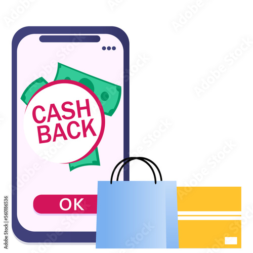 
Cashback online. Money back concept. Cashback for purchases. reward program. Financial savings. Vector illustration isolated on white background. You can write your own text.
