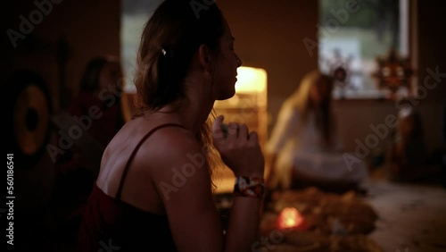 Shaman ceremony space, heart opening medicine. Ceremony space. Shaman woman playing on shana drum.