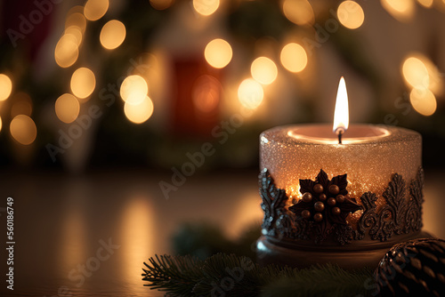 Detailed shot of a burning candle next to a little Christmas tree with festive bokeh lighting. both holiday and decorating. both seasonal and new. Generative AI