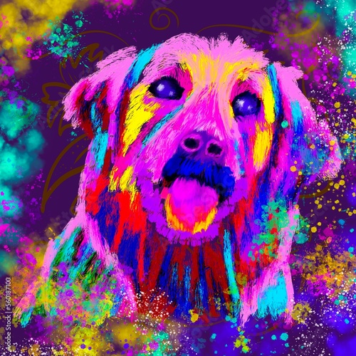 Stylized colorful dog, pop art, surrealism, magical and fanciful canine portrait, pet