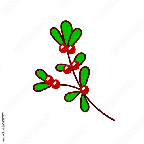 Doodle cartoon green tree branch with red berries. Hand drawn Merry Christmas and Happy New Year symbol. Colorful holiday png design element