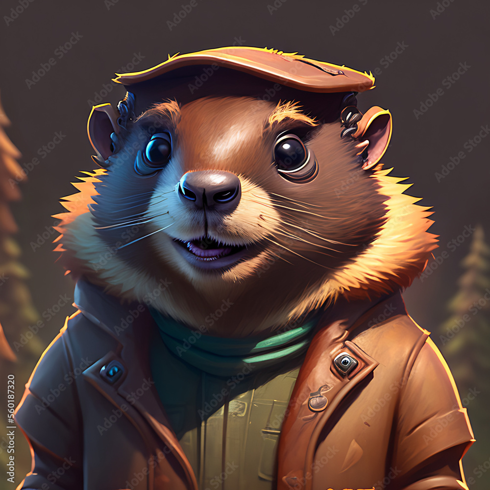 portrait of cute groundhog wearing a cool sunglasses and jacket, groundhog day Generative AI