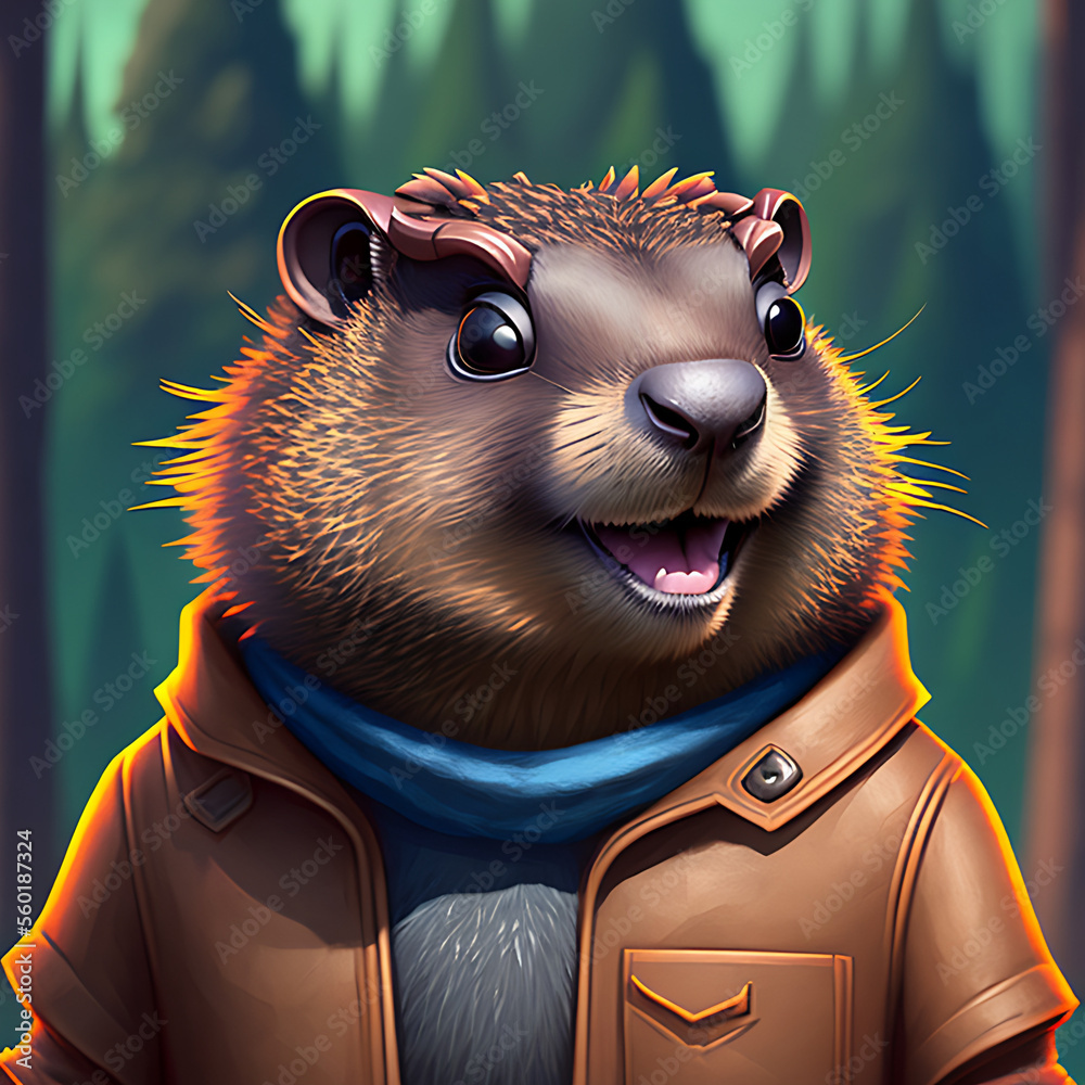 portrait of cute groundhog wearing a cool sunglasses and jacket, groundhog day Generative AI