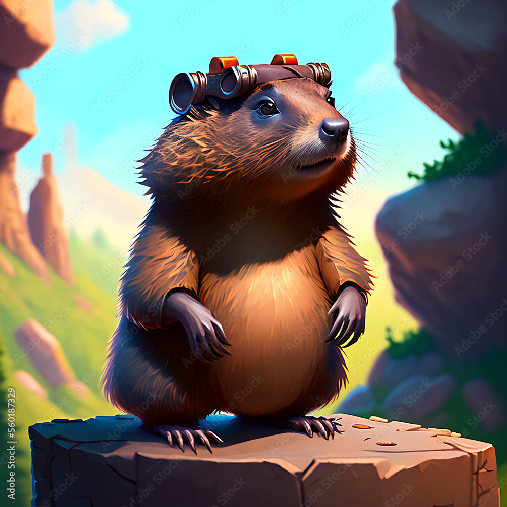 portrait of cute groundhog wearing a cool sunglasses and jacket, groundhog day Generative AI