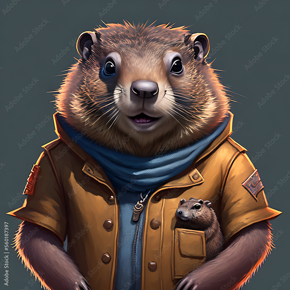 portrait of cute groundhog wearing a cool sunglasses and jacket, groundhog day Generative AI