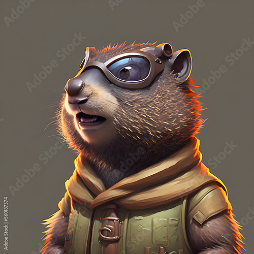 portrait of cute groundhog wearing a cool sunglasses and jacket, groundhog day Generative AI