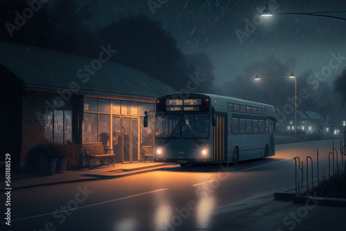 Fotobehang Bus halt outdoors at night. Generative AI