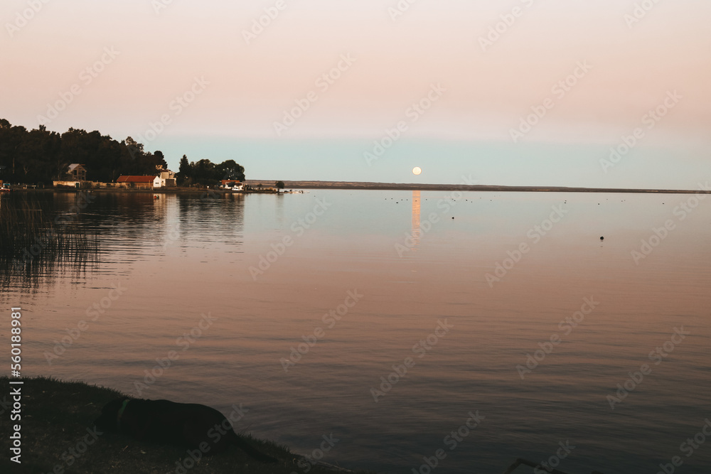 super moon rising over lake horizon. reflection in the water. argentinian patagonia super moon rising over lake horizon. reflection in the water. argentinian patagonia