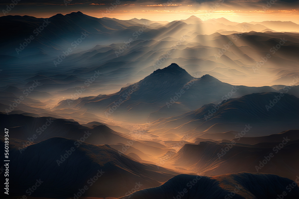 Aerial view of foggy valleys and hazy peaks in the evening, together with the setting sun's dazzling rays on black mountain ranges. Generative AI