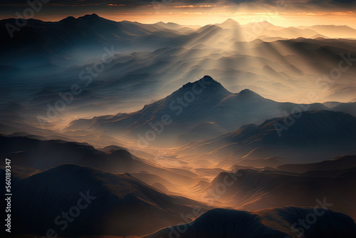 Aerial view of foggy valleys and hazy peaks in the evening  together with the setting sun s dazzling rays on black mountain ranges. Generative AI