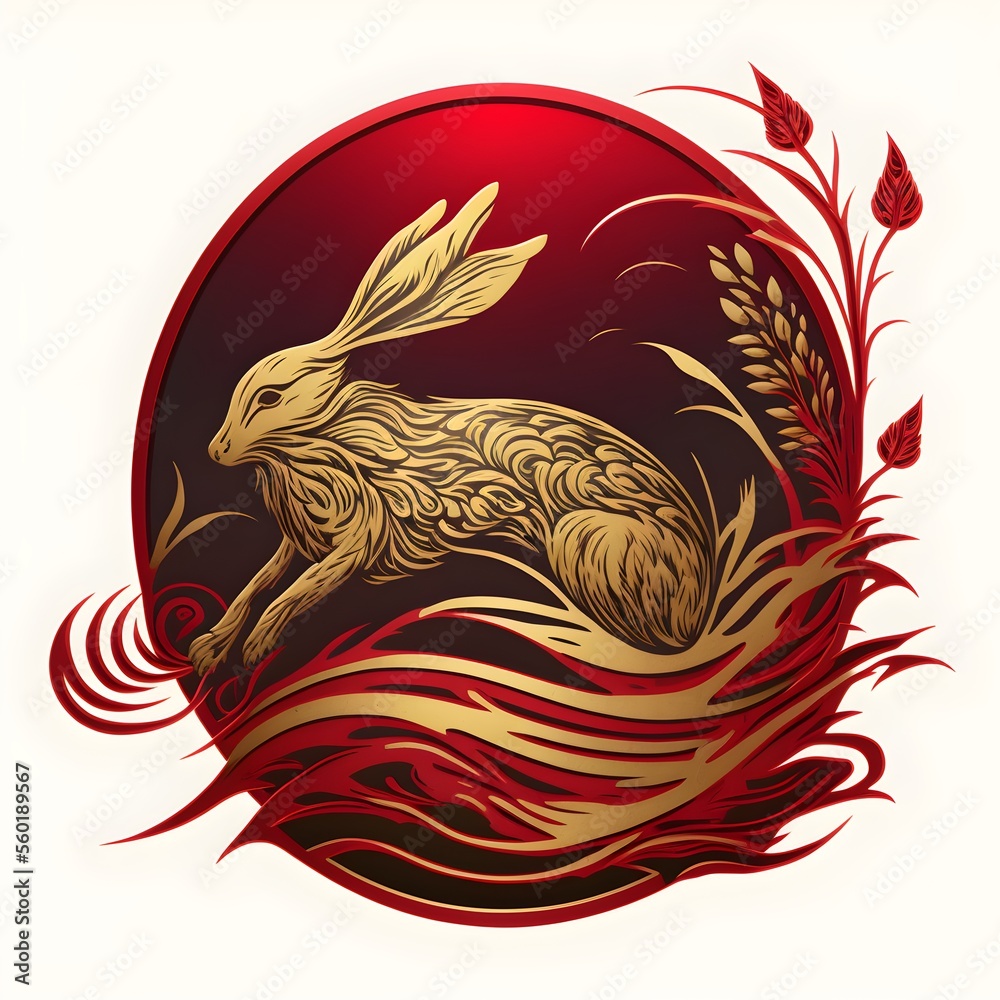 Water rabbit shiny emblem, chinese lunar new year 2023, red gold concept, Generative AI