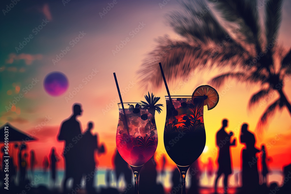 Two cocktails are shown with blurry beach party guests and a gorgeous sky at sunset. Luxury outdoor leisure, soothing and beautiful hues, and hazy partygoers on a summer night. Generative AI - obrazy, fototapety, plakaty 