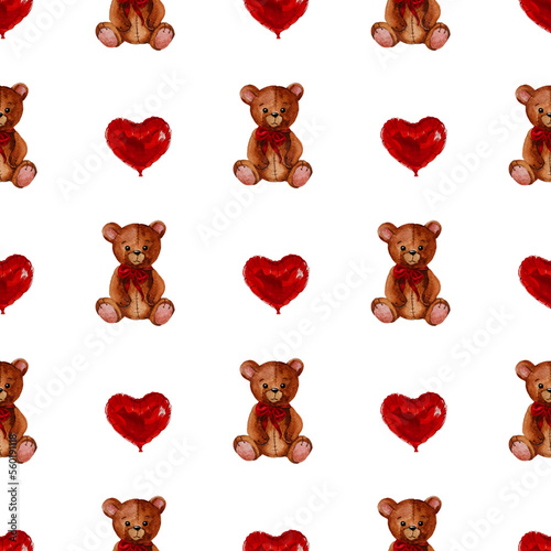 Watercolor teddy bear with red heart foil balloon seamless  pattern. Valentines day decoration.