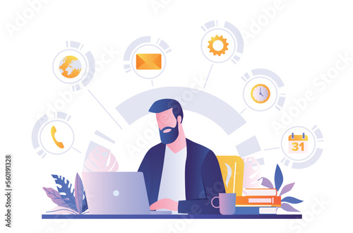Multitasking skills concept. Young guy sitting at laptop, responsible and hardworking employee or entrepreneur at workplace, office. Poster or banner for website. Cartoon flat vector illustration